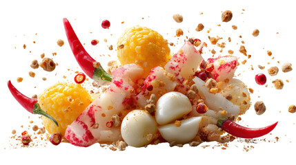 Street Food Photography: Close-up photography of street food with vibrant ingredients and textures, isolated on a Transparent background, PNG file.