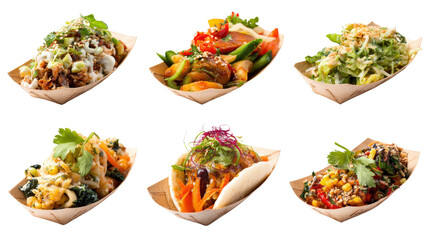 Street Food Photography: Close-up street food photography showcasing vibrant dishes from different cultures, isolated on a Transparent background, PNG file.