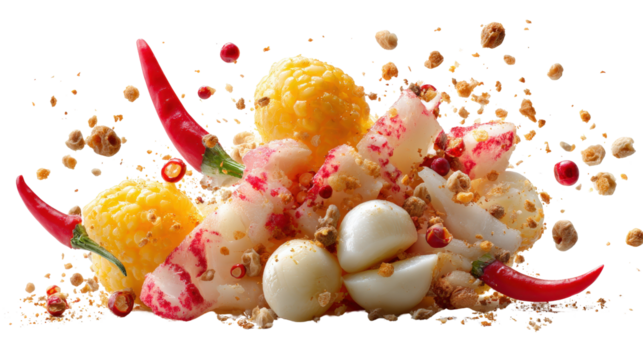 Street Food Photography: Close-up photography of street food with vibrant ingredients and textures, isolated on a Transparent background, PNG file.