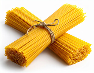 3D render of raw uncooked spaghetti bundle tied with string, isolated on white backgrund