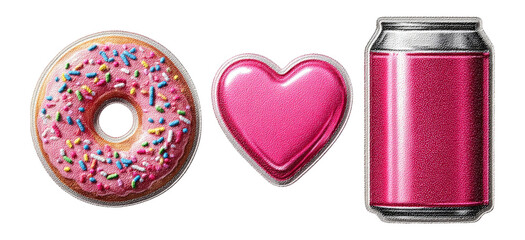 Obraz premium Colorful Donut, Heart Shape, and Soda Can Design on Isolated Transparent Background