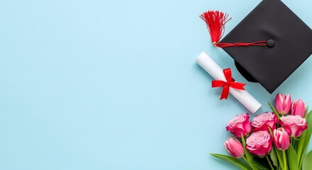 Graduation cap with red tassel, diploma scroll and bouquet of pink tulips on pastel background symbolizing academic achievement and celebration