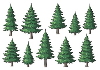 Obraz premium Stylized coniferous trees standing tall against a white backdrop scene