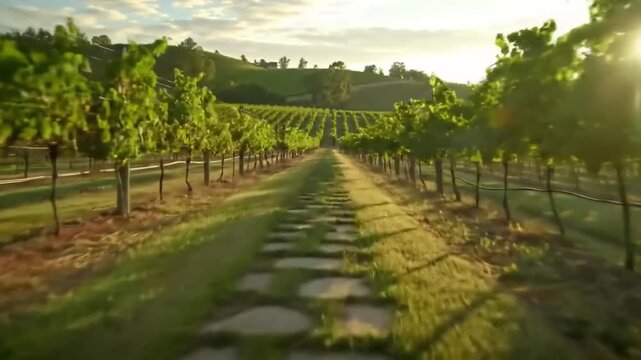 Vineyard landscape with rows of grapevines and pathway under warm sunlight during daytime with copy space