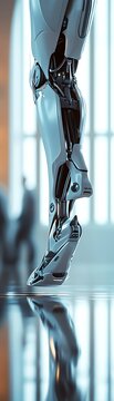 Close-up of advanced robotic leg with sleek design and reflection, illustrating innovation and future technologies.