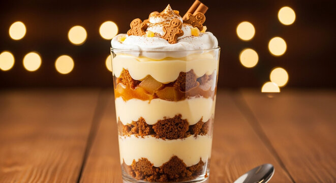 Delicious trifle dessert with layers of cake, custard, fruit, and whipped cream, garnished with cinnamon sticks on a wooden table