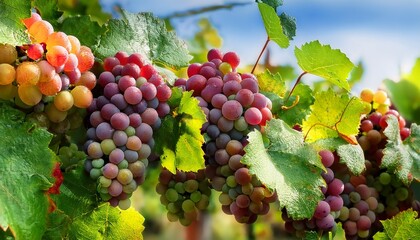 Pinot Gris Grapes With Multicolored Berries Is Ripening Among The Leaves On Vine