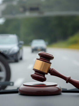 Gavel at Accident Scene, Sideswipe Head-On Collision, Blurred Road Background