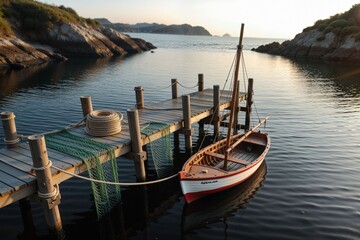 Tranquil Sunrise with Traditional Boat Moored at Wooden Pier