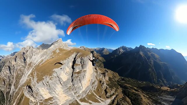 An exhilarating paraglider pilot soars high with a bright red wing above rugged alpine peaks, captured in a dynamic wide-angle shot.