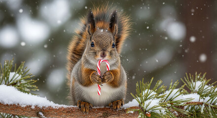 A cute red squirrel holding a candy cane in its paws while standing on a snow covered branch with a blurred winter forest background