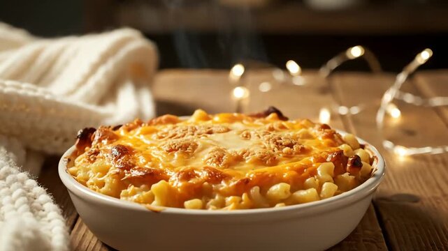 A steaming, cozy close-up of golden baked macaroni and cheese in a white bowl rests on a rustic wooden table, beautifully illuminated by warm, blurred string lights.