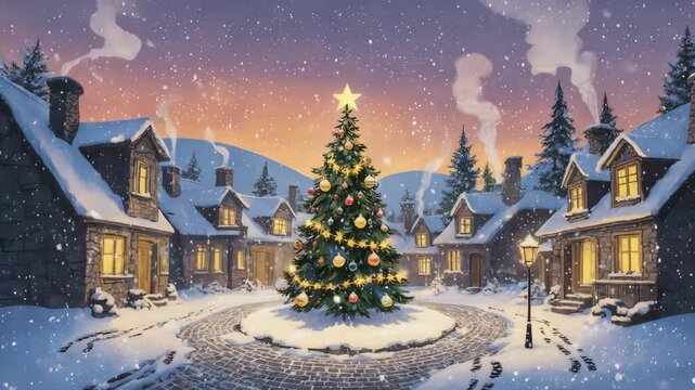 Animated Winter Village Christmas Scene at Dusk. Ideal for greeting cards and narrative videos.