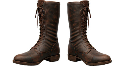 Pair of brown leather combat boots isolated on transparent background, showcasing a blend of vintage charm and modern appeal