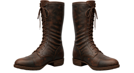 Pair of brown leather combat boots isolated on transparent background, showcasing a blend of vintage charm and modern appeal
