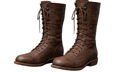 Pair of brown leather combat boots isolated on transparent background, offering a blend of style and durability