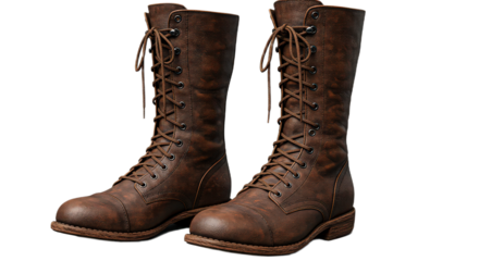 Pair of brown leather combat boots isolated on transparent background, offering a blend of style and durability