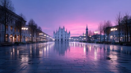 Obraz premium Milan Cathedral at Dawn Reflecting on Wet Pavement with Purple and Pink Sky Urban Scene with Illuminated Street Lamps and Bare Trees