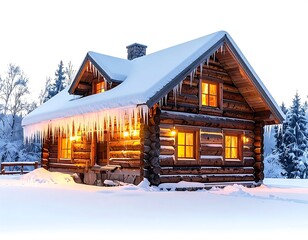 Snowy Log Cabin with Warm Lights and Icicles in Winter Landscape