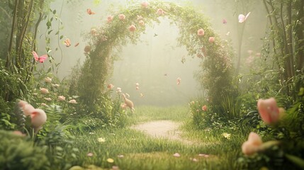 Enchanting Floral Archway in a Dreamy Forest with Butterflies and Mystical Light