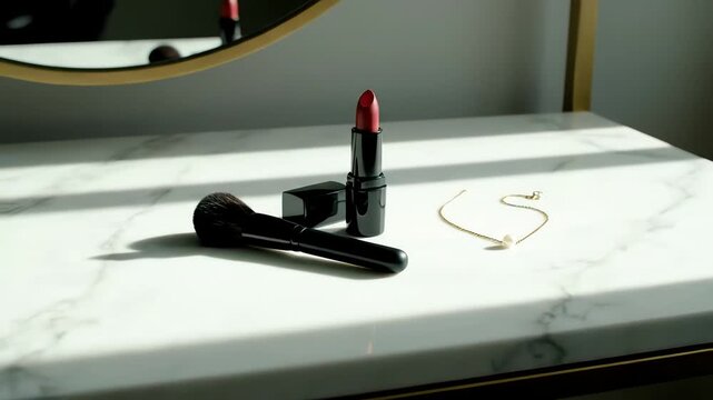 4k, Flat lay composition of vibrant red lipstick, a makeup brush, and a delicate gold necklace on a marble vanity table in natural lighting with a clean, elegant style.