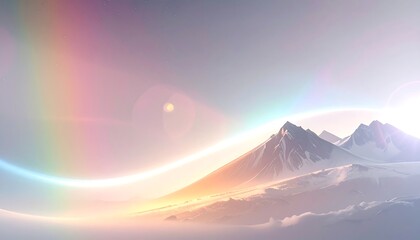 Serene, sunlit mountain range with pastel-colored lens flares