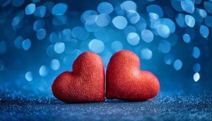 Fototapeta premium Two Red Textured Hearts Rest Together Against A Blue Bokeh Background