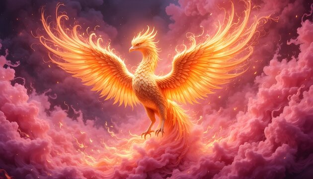 A majestic golden phoenix emerging from swirling flames of pink