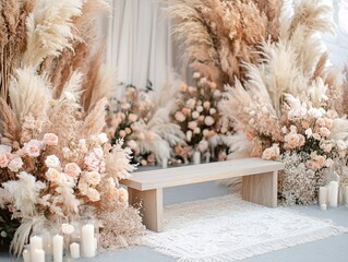 Romantic wedding floral decoration with pampas grass and roses setup