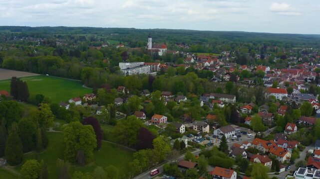 Aerial view of the city and monastery Die&szlig;en am Ammersee in Germany, Bavaria on a sunny spring da