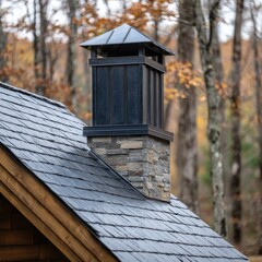 A dark metal chimney cap sits atop a stone chimney, rising from a rustic wooden roof covered in dark gray shingles.