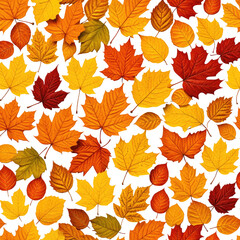Seamless pattern of colorful fall foliage with various leaf types