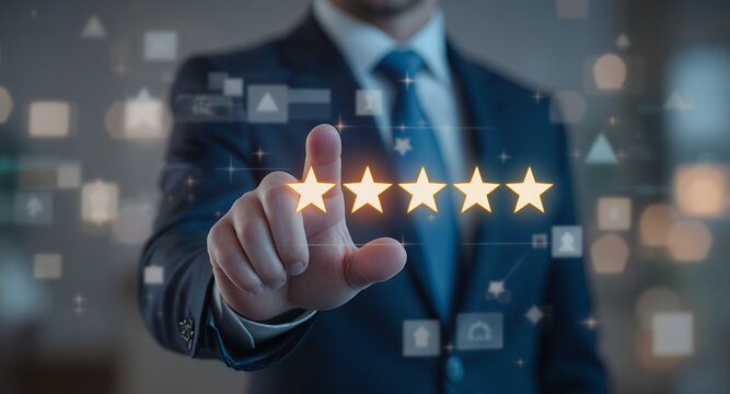 Business Person Selecting 5 Stars on a Screen for Excellent Feedback and Customer Satisfaction