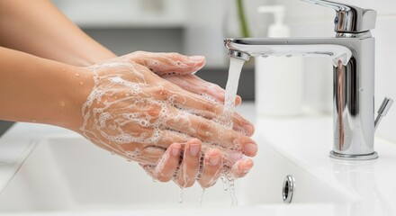 Woman washes hands with soap under running water. Close-up of lathering hands in sink demonstrates good hygiene and health routine for preventing germs.