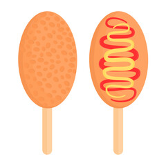 Illustration of fried corndog with crispy coating, one topped with ketchup and mustard on wooden stick, perfect for food design, culinary decoration, and modern graphic content