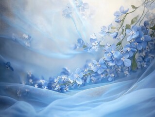 Serene Blue Floral Arrangement with Delicate Fabric Draping Close-Up