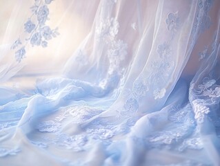 Ethereal floral lace fabric in shades of blue creating a dreamy background