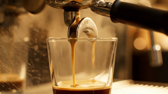 4k close-up shot of freshly brewed espresso pouring from a professional machine into a clear glass, exhibiting rich, dark brown tones and steam, set in a blurred cafe