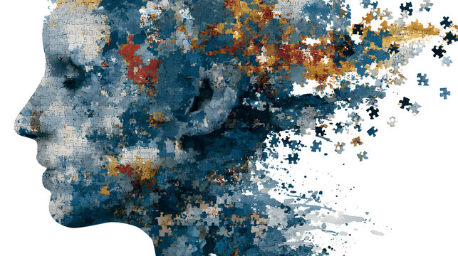 The silhouette of a human head made of puzzle pieces and splashes of paint. Development, intelligence, memory, skills and thinking. The problem of people with autism syndrome