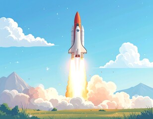 Space shuttle launching into a vibrant sky, fiery exhaust trails billowing below