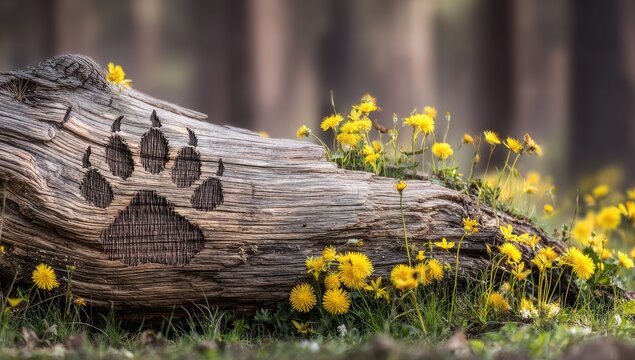 A weathered log, etched with a bear paw print, is nestled amidst a vibrant display of yellow wildflowers in a serene forest setting.