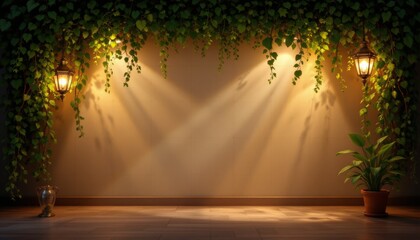 Illuminated Wall with Greenery and Lanterns
