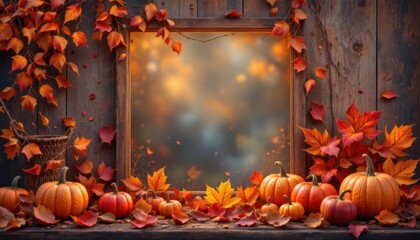 Autumn Harvest Frame with Pumpkins and Leaves