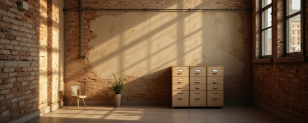 Empty Office Interior with Brick Walls and Filing Cabinet
