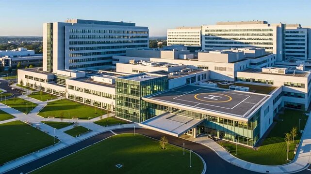 Expansive modern medical center campus with multiple buildings and green spaces, featuring a helipad, under a clear sky, representing advanced healthcare infrastructure and urban development