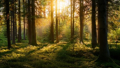 Fototapeta premium Serene Forest Scene With Golden Light And Peaceful Atmosphere