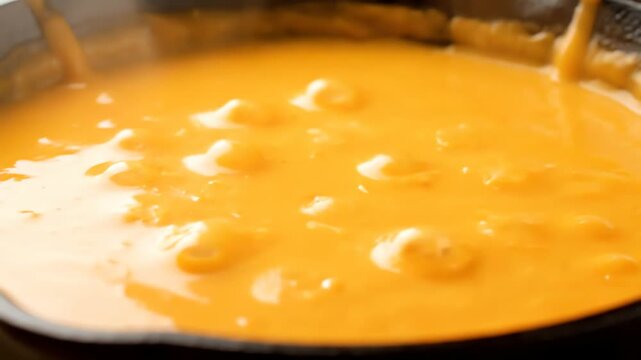 A 4k close-up shows a bubbling, vibrant orange cheese sauce being stirred in a black skillet, with a smooth, creamy texture for gourmet food preparation.