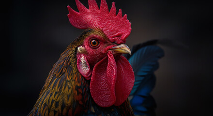 Close-up Portrait of a Colorful Rooster with Red Comb and Feathers