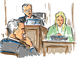 Pastel pencil pen and ink sketch illustration of a courtroom trial setting with judge and a young female plaintiff, witness testifying on the stand defendant looking in court.