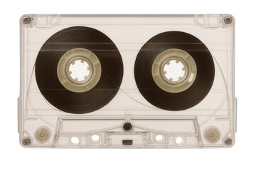 Fototapeta premium Audio cassette tape with transparent shell and magnetic film, symbolizing retro music culture and analog sound